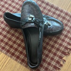 Women's Black Crocodile Loafers  silver worn off the charm